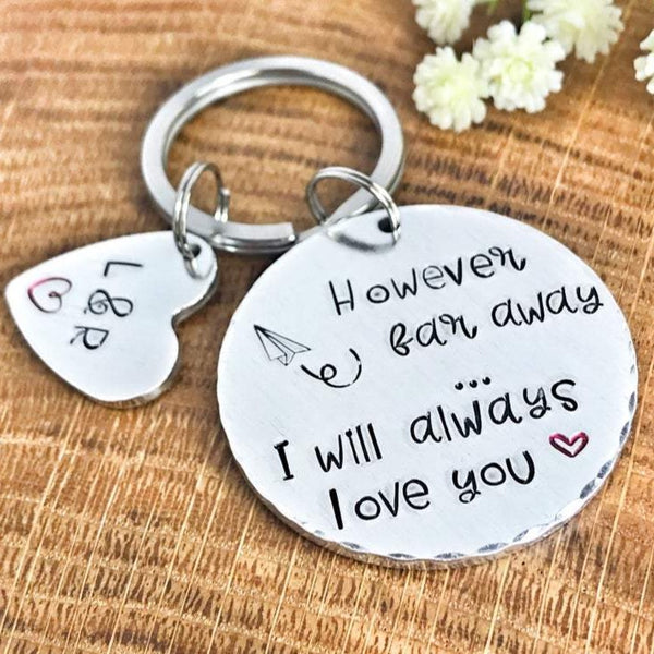 Long Distance Relationship Keychain, Deployment Keychain, 'However Far Away'
