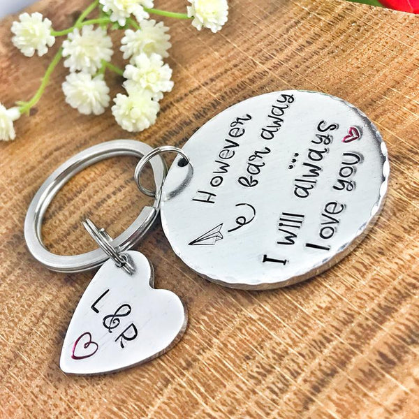 Long Distance Relationship Keychain, Deployment Keychain, 'However Far Away'