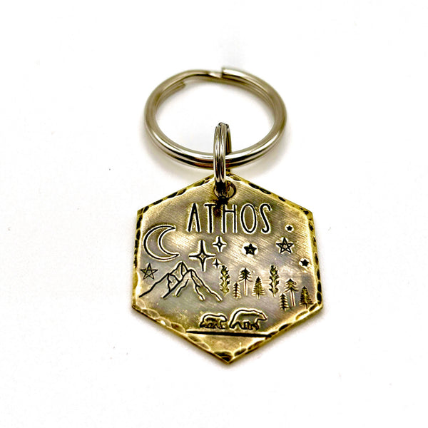 Brass Dog Tag with Mountain Scene - Hand Stamped - Personalize Front and Back