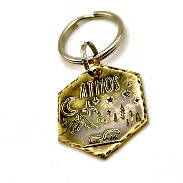 Brass Dog Tag with Mountain Scene - Hand Stamped - Personalize Front and Back