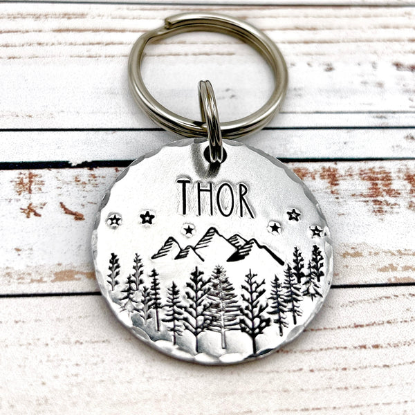 Médaille Personnalisée Montagnes et Arbres, Médaillon d' Identité pour Chien