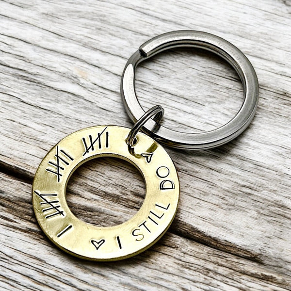 Brass Keyring – “I Still Do” – Copper Anniversary Gift with Tally Marks
