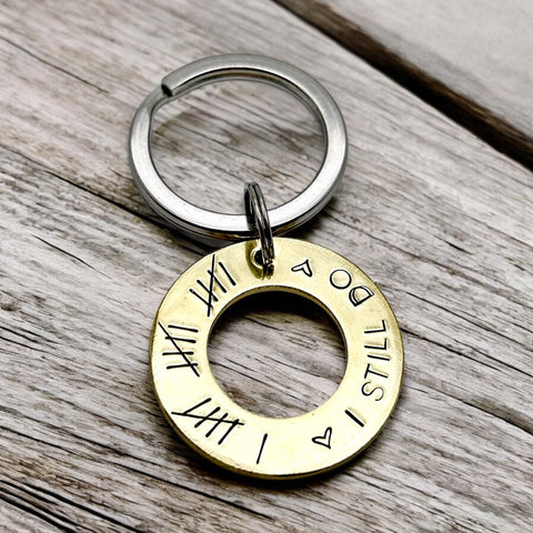 Brass Keyring – “I Still Do” – Copper Anniversary Gift with Tally Marks