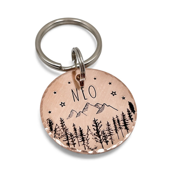 Médaille Personnalisée Montagnes et Arbres, Médaillon d' Identité pour Chien, Cuivre et Laiton