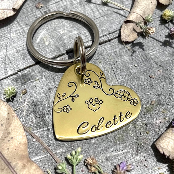 Médaille de Chien Coeur - Médaille avec Fleurs Chien -Médaillon d'Identité