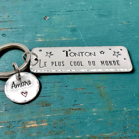 Hand Stamped Personalised French Message Keyring, French Uncle Keychain
