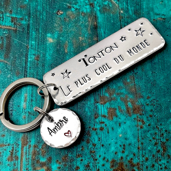 Hand Stamped Personalised French Message Keyring, French Uncle Keychain