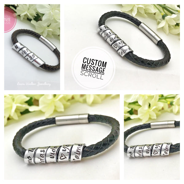 Bracelet Homme Gravé Message Secret, Bracelet Personnalisé en Cuir, Fête des Pères, Cadeau St Valentin