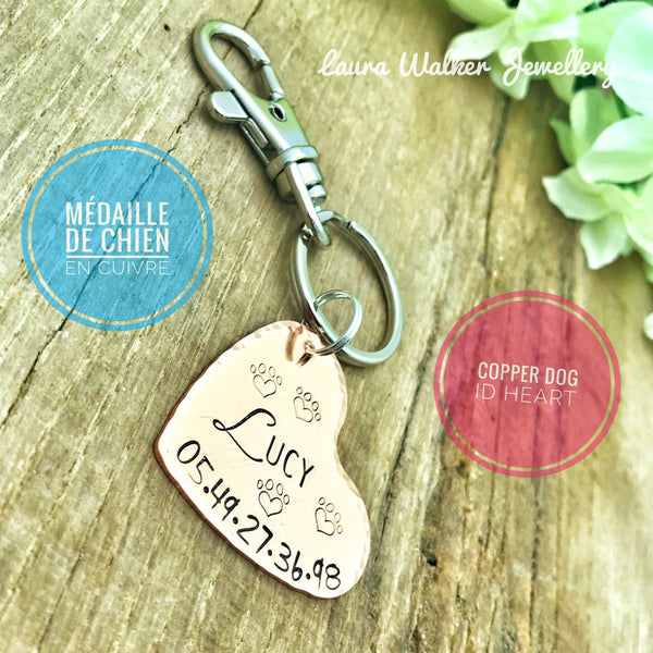 Médaillon d'identité Chien, Médaille Chien Cuivre, Coeur en Cuivre