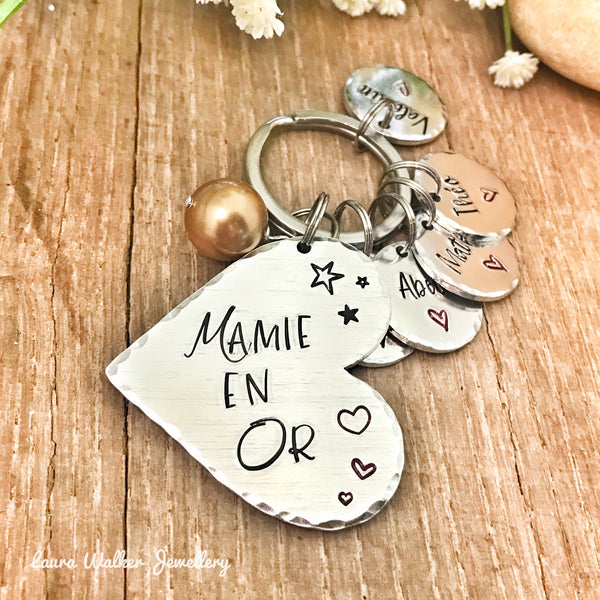Porte Clé Mamie, Cadeau Personnalisé Mamie en Or, Porte Clef avec Noms