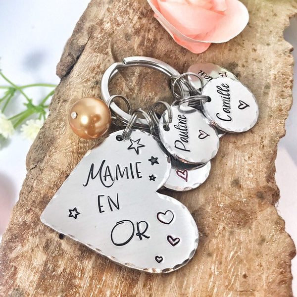 Porte Clé Mamie, Cadeau Personnalisé Mamie en Or, Porte Clef avec Noms