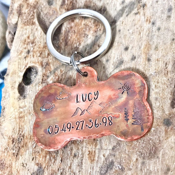 Médaillon d'identité Chien, Médaille Chien Os en Cuivre, Montagnes et Arbres