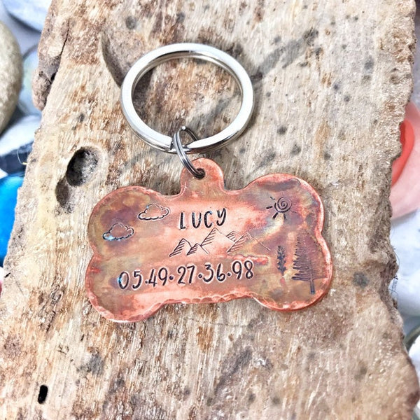 Médaillon d'identité Chien, Médaille Chien Os en Cuivre, Montagnes et Arbres