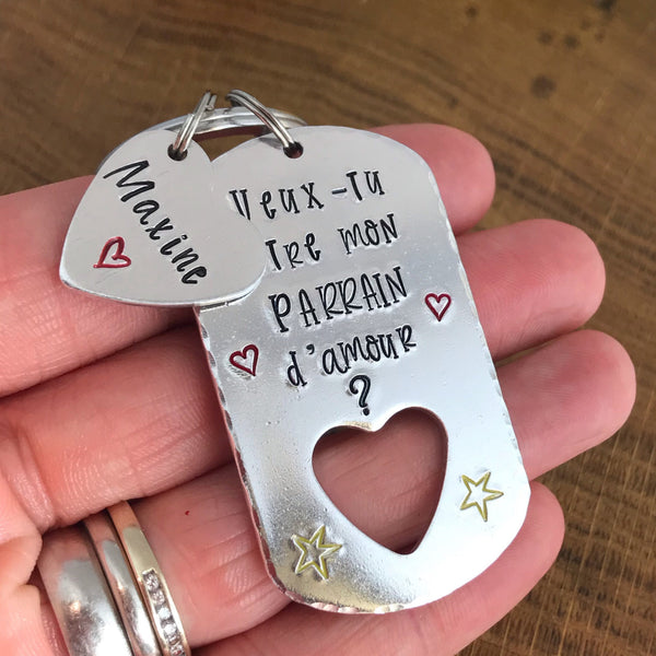 Parrain Porte Clé, Hand Stamped Veux-tu être mon Parrain?, French Keyring for Godfather, Demande Parrain