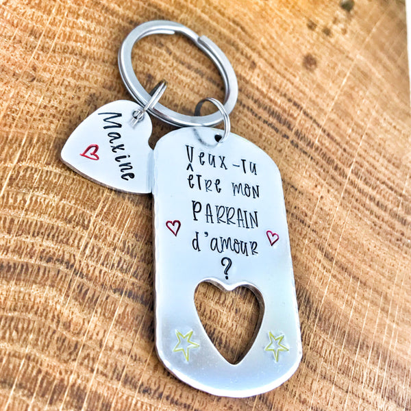 Parrain Porte Clé, Hand Stamped Veux-tu être mon Parrain?, French Keyring for Godfather, Demande Parrain