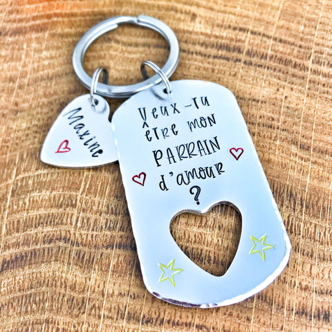 Parrain Porte Clé, Hand Stamped Veux-tu être mon Parrain?, French Keyring for Godfather, Demande Parrain