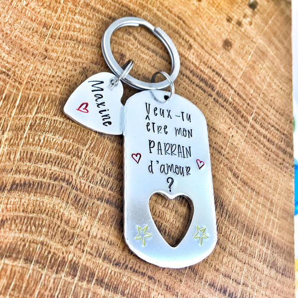 Parrain Porte Clé, Hand Stamped Veux-tu être mon Parrain?, French Keyring for Godfather, Demande Parrain