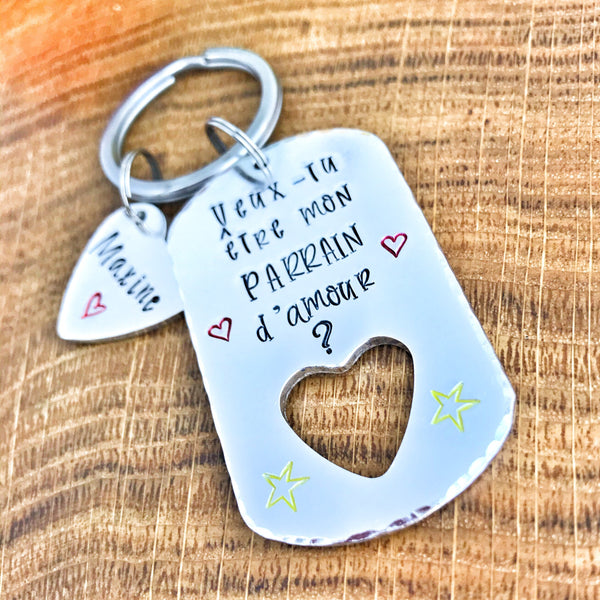Parrain Porte Clé, Hand Stamped Veux-tu être mon Parrain?, French Keyring for Godfather, Demande Parrain
