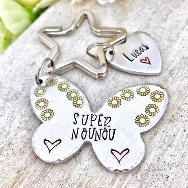 Super Nounou, Hand Stamped Nounou Gift, French Nounou, Keychain Nounou