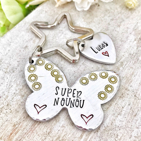 Super Nounou, Hand Stamped Nounou Gift, French Nounou, Keychain Nounou