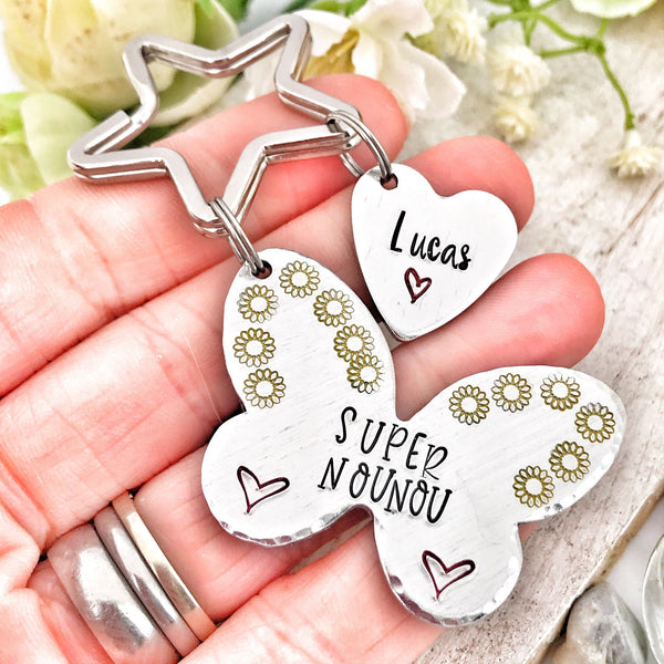 Super Nounou, Hand Stamped Nounou Gift, French Nounou, Keychain Nounou