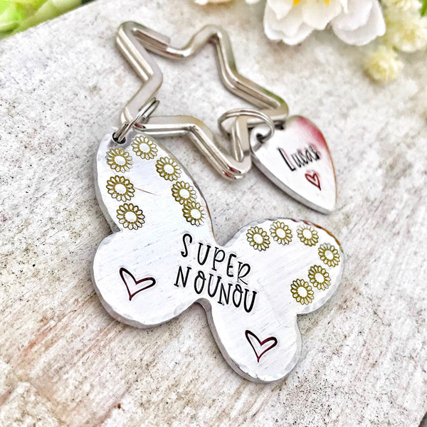 Super Nounou, Hand Stamped Nounou Gift, French Nounou, Keychain Nounou