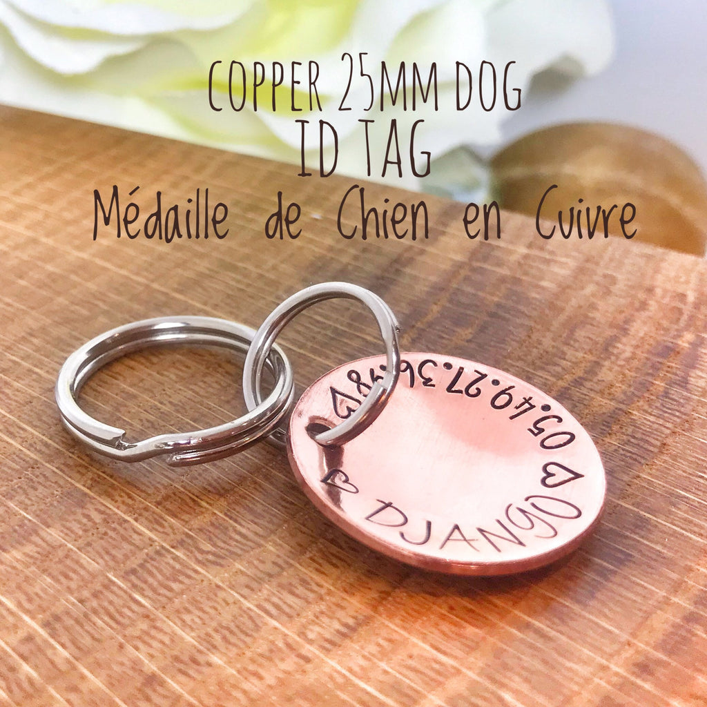 Médaillon d'identité Chien, Médaillon Personnalisé, Médaille Chien Cuivre, Médaillon Gravure Identité Chien, Coeur en Cuivre Chien