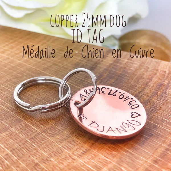 Médaillon d'identité Chien, Médaillon Personnalisé, Médaille Chien Cuivre, Médaillon Gravure Identité Chien, Coeur en Cuivre Chien
