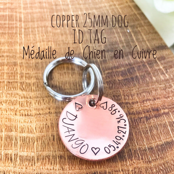 Médaillon d'identité Chien, Médaillon Personnalisé, Médaille Chien Cuivre, Médaillon Gravure Identité Chien, Coeur en Cuivre Chien