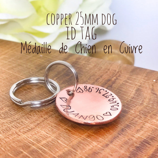 Médaillon d'identité Chien, Médaillon Personnalisé, Médaille Chien Cuivre, Médaillon Gravure Identité Chien, Coeur en Cuivre Chien