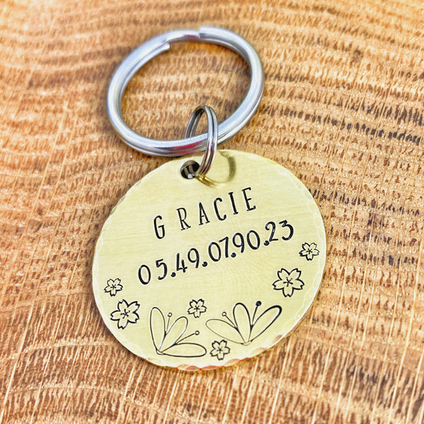 Médaillon d'identité pour Chien, Médaillon Personnalisé, Laiton, Fleurs