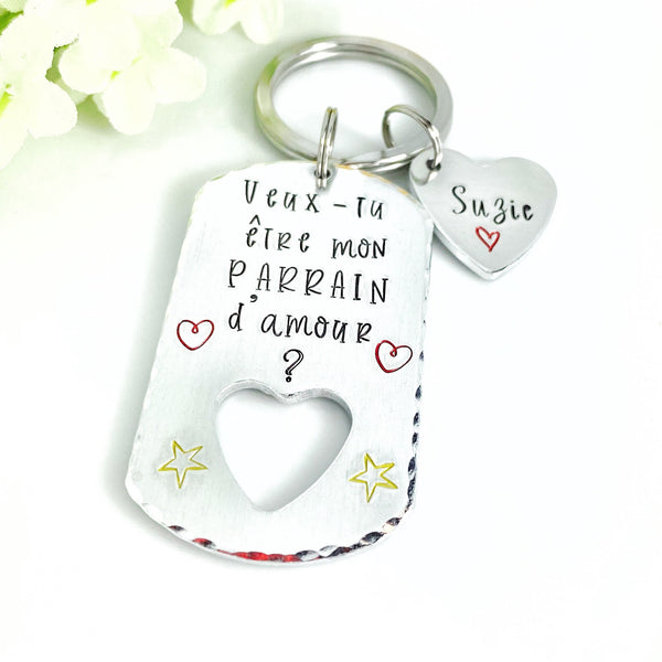 Parrain Porte Clé, Hand Stamped Veux-tu être mon Parrain?, French Keyring for Godfather, Demande Parrain