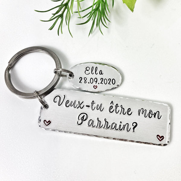 Parrain Porte Clé, Hand Stamped Veux-tu être mon Parrain?, French Keyring for Godfather, Demande Parrain