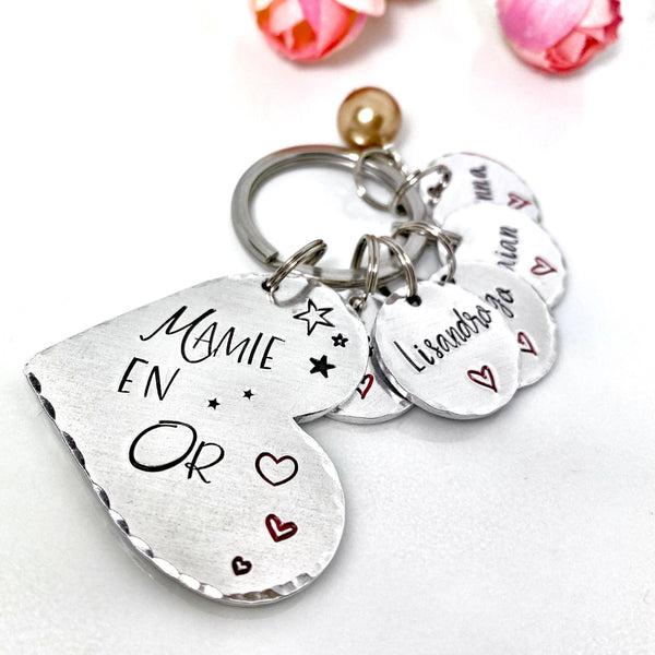Porte Clé Mamie, Cadeau Personnalisé Mamie en Or, Porte Clef avec Noms
