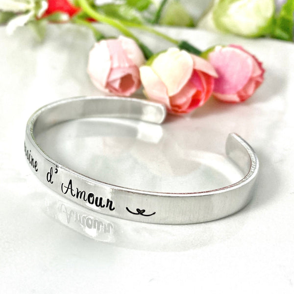 Marraine d'Amour, Personalised Cuff Bangle, Custom Metal Cuff, Stamped Skinny Cuff, Hand Stamped Message Bangle, Godmother Cuff Bracelet