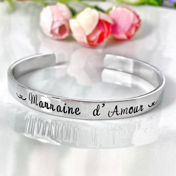 Marraine d'Amour, Personalised Cuff Bangle, Custom Metal Cuff, Stamped Skinny Cuff, Hand Stamped Message Bangle, Godmother Cuff Bracelet