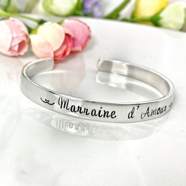 Marraine d'Amour, Personalised Cuff Bangle, Custom Metal Cuff, Stamped Skinny Cuff, Hand Stamped Message Bangle, Godmother Cuff Bracelet