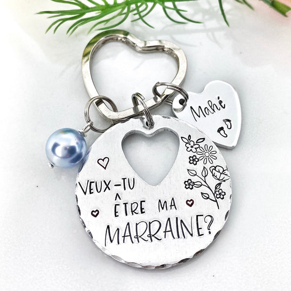 Porte-clé personnalisé – “Veux-tu être ma marraine ?” – Perle rose ou bleue, petit cœur avec prénom