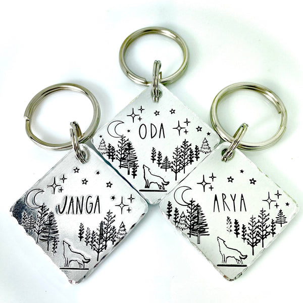 Médaillon d'identification, Médaille avec Loup, Lune et Arbres, Personnalisée