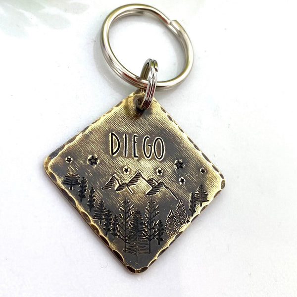 Médaillon d'identité Chien, Médaille Personnalisée, Montagnes et Forêt, Laiton Vieilli Chien