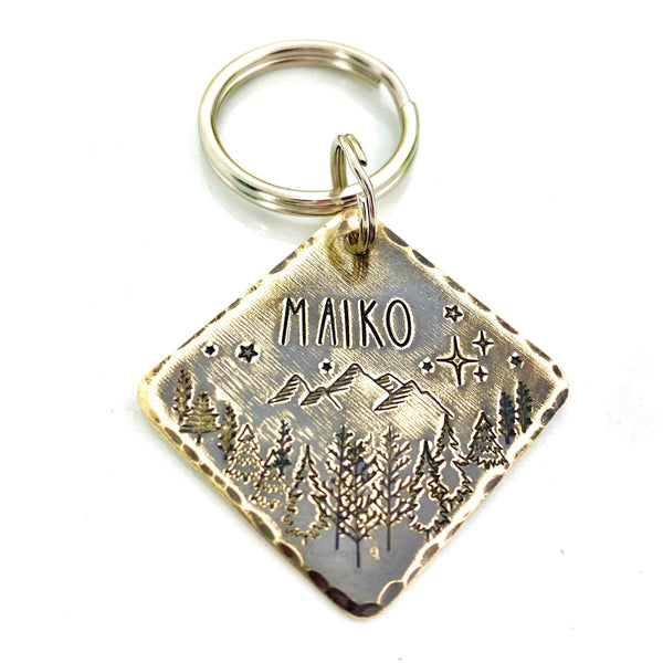 Médaillon d'identité Chien, Médaille Personnalisée, Montagnes et Forêt, Laiton Vieilli Chien