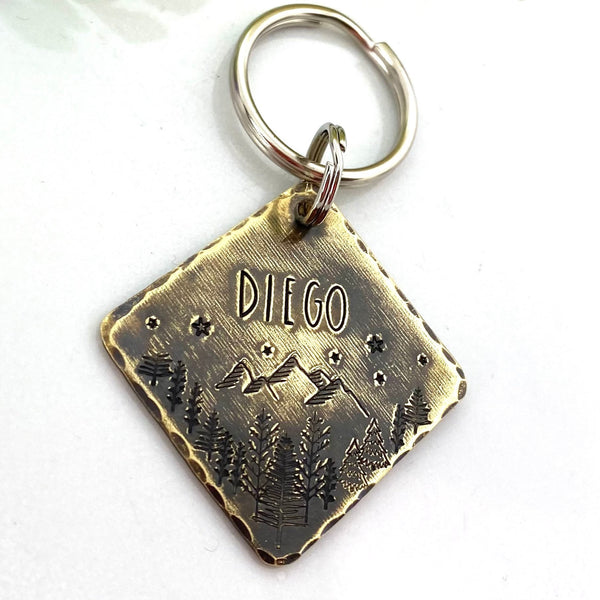 Médaillon d'identité Chien, Médaille Personnalisée, Montagnes et Forêt, Laiton Vieilli Chien