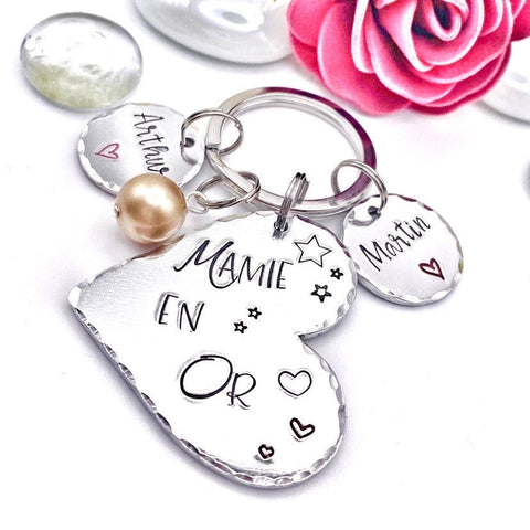 Porte Clé Mamie, Cadeau Personnalisé Mamie en Or, Porte Clef avec Noms