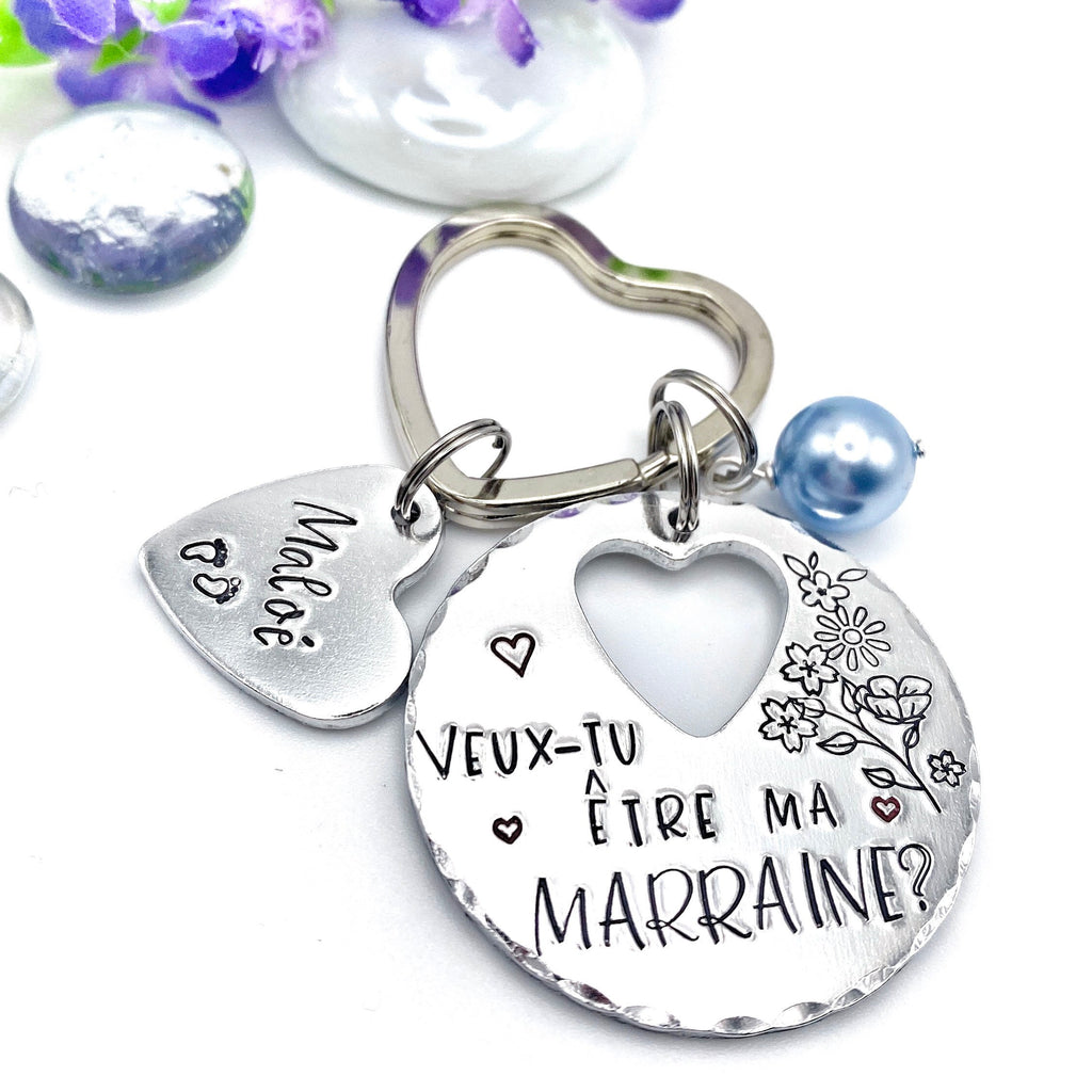 Porte-clé personnalisé – “Veux-tu être ma marraine ?” – Perle rose ou bleue, petit cœur avec prénom