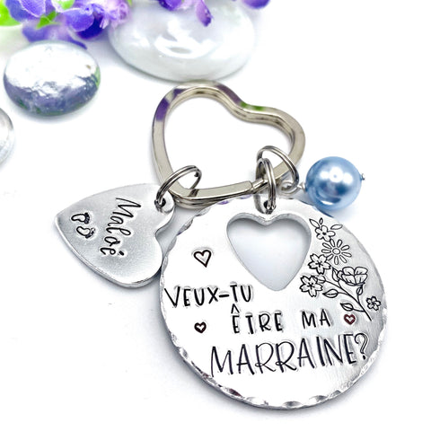Porte-clé personnalisé – “Veux-tu être ma marraine ?” – Perle rose ou bleue, petit cœur avec prénom