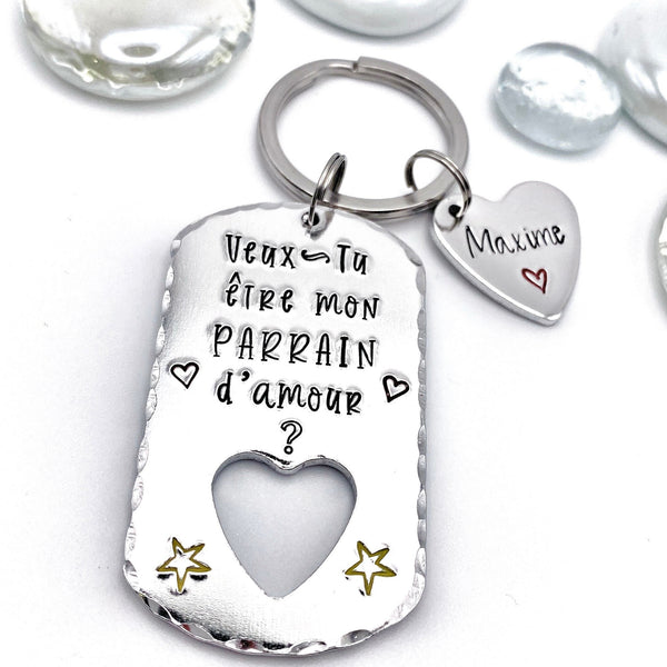 Parrain Porte Clé, Hand Stamped Veux-tu être mon Parrain?, French Keyring for Godfather, Demande Parrain