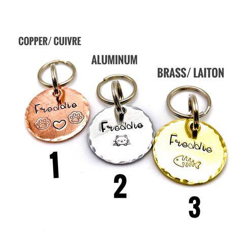 Médaille Ronde Personnalisée pour Chat – Gravée à la main - Pendentif Collier Chat, Étiquette Nom et Numéro