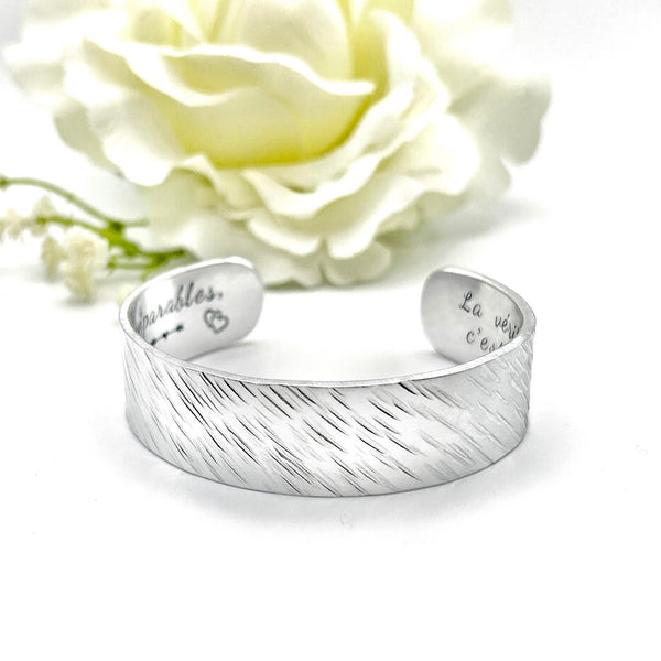 Stamped Message Cuff Bangle, Custom Metal Bangle, Hand Stamped Silver Cuff