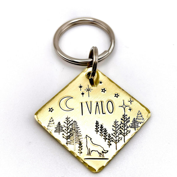 Médaille pour Chien, Personnalisable, Loup et Lune, Forêt