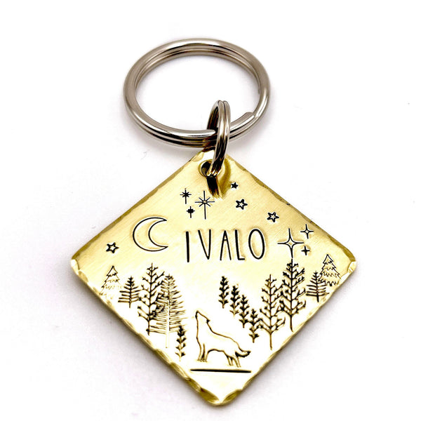 Médaille pour Chien, Personnalisable, Loup et Lune, Forêt